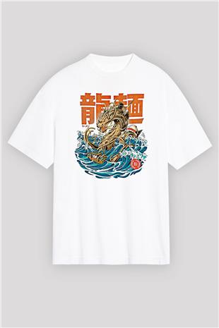Ejderha Baskılı Beyaz Unisex Oversize Tişört - Tshirt