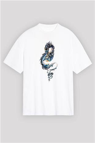 Ejderha Baskılı Beyaz Unisex Oversize Tişört - Tshirt