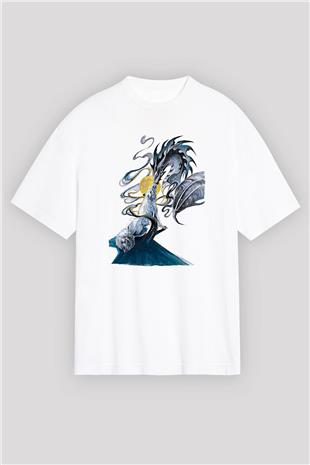 Ejderha Baskılı Beyaz Unisex Oversize Tişört - Tshirt