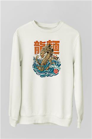 Ejderha Baskılı Beyaz Unisex Sweatshirt