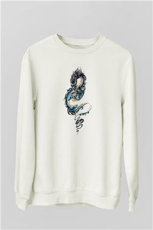 Ejderha Baskılı Beyaz Unisex Sweatshirt