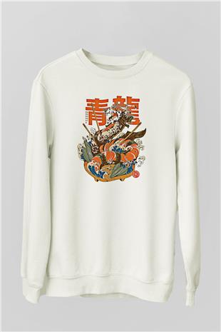 Ejderha Baskılı Beyaz Unisex Sweatshirt