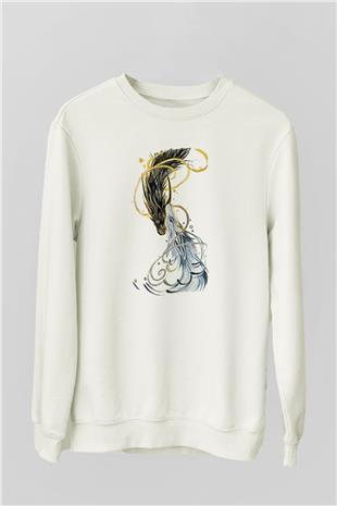 Ejderha Baskılı Beyaz Unisex Sweatshirt