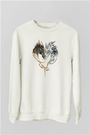Ejderha Baskılı Beyaz Unisex Sweatshirt