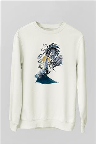 Ejderha Baskılı Beyaz Unisex Sweatshirt