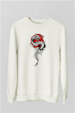 Ejderha Baskılı Beyaz Unisex Sweatshirt