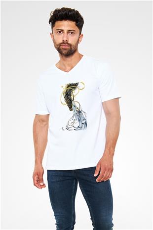 Ejderha Baskılı Beyaz Unisex V Yaka Tişört - Tshirt