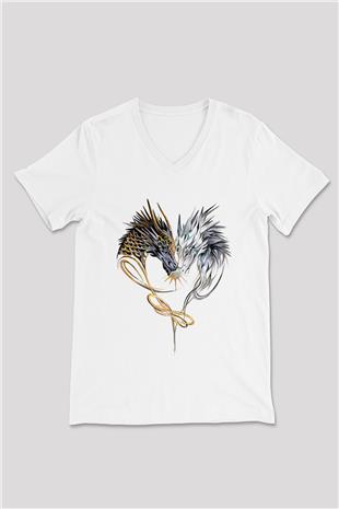 Ejderha Baskılı Beyaz Unisex V Yaka Tişört - Tshirt