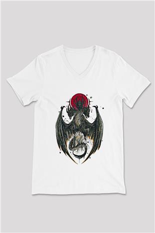 Ejderha Baskılı Beyaz Unisex V Yaka Tişört - Tshirt