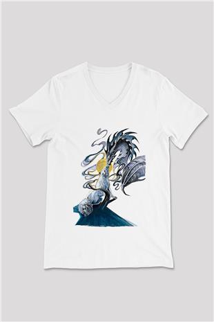 Ejderha Baskılı Beyaz Unisex V Yaka Tişört - Tshirt