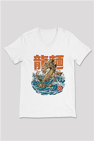 Ejderha Baskılı Beyaz Unisex V Yaka Tişört - Tshirt