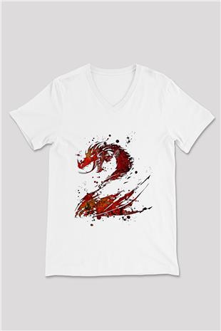 Ejderha Baskılı Beyaz Unisex V Yaka Tişört - Tshirt