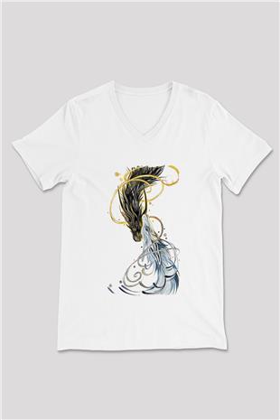 Ejderha Baskılı Beyaz Unisex V Yaka Tişört - Tshirt