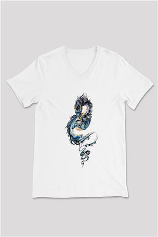 Ejderha Baskılı Beyaz Unisex V Yaka Tişört - Tshirt