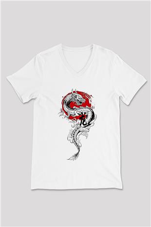 Ejderha Baskılı Beyaz Unisex V Yaka Tişört - Tshirt