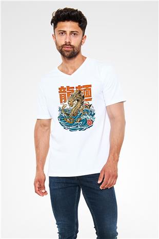 Ejderha Baskılı Beyaz Unisex V Yaka Tişört - Tshirt