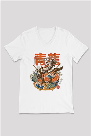 Ejderha Baskılı Beyaz Unisex V Yaka Tişört - Tshirt