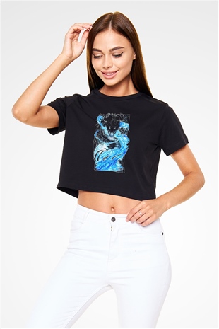 Ejderha Baskılı Siyah Crop Top Kadın Tişört - Tshirt