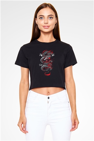 Ejderha Baskılı Siyah Crop Top Kadın Tişört - Tshirt
