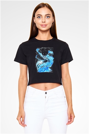Ejderha Baskılı Siyah Crop Top Kadın Tişört - Tshirt
