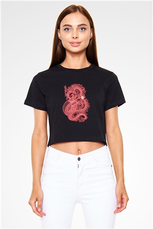 Ejderha Baskılı Siyah Crop Top Kadın Tişört - Tshirt