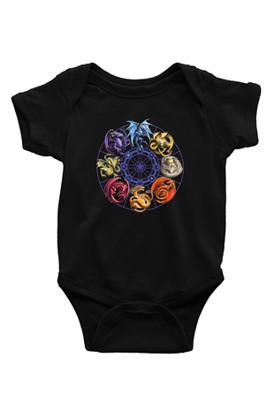 Ejderha Baskılı Unisex Siyah Bebek Body - Zıbın