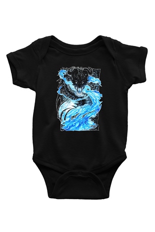 Ejderha Baskılı Unisex Siyah Bebek Body - Zıbın
