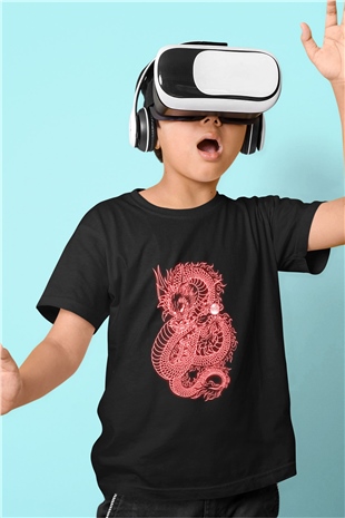Ejderha Baskılı Unisex Siyah Çocuk Tişört - Tshirt