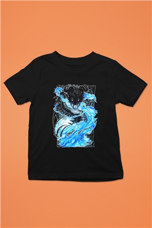 Ejderha Baskılı Unisex Siyah Çocuk Tişört - Tshirt