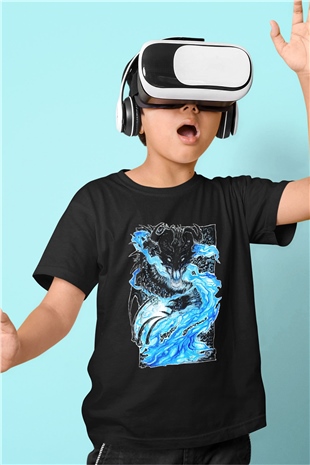 Ejderha Baskılı Unisex Siyah Çocuk Tişört - Tshirt