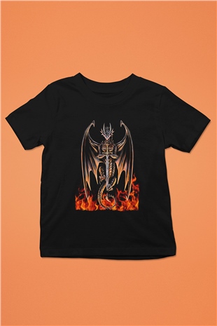 Ejderha Baskılı Unisex Siyah Çocuk Tişört - Tshirt