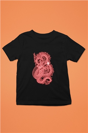 Ejderha Baskılı Unisex Siyah Çocuk Tişört - Tshirt