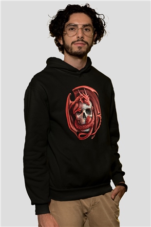 Ejderha Baskılı Unisex Siyah Hoodie