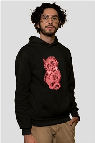 Ejderha Baskılı Unisex Siyah Hoodie