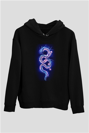 Ejderha Baskılı Unisex Siyah Hoodie