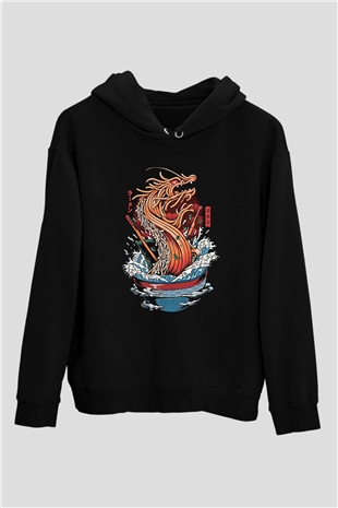 Ejderha Baskılı Unisex Siyah Hoodie