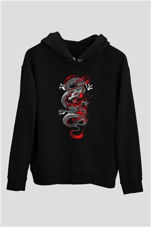 Ejderha Baskılı Unisex Siyah Hoodie