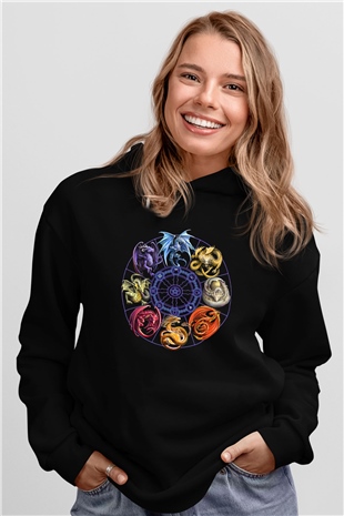 Ejderha Baskılı Unisex Siyah Hoodie