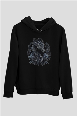 Ejderha Baskılı Unisex Siyah Hoodie