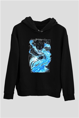 Ejderha Baskılı Unisex Siyah Hoodie