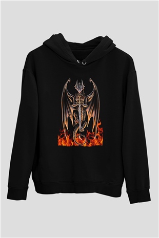 Ejderha Baskılı Unisex Siyah Hoodie