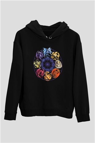 Ejderha Baskılı Unisex Siyah Hoodie