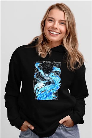 Ejderha Baskılı Unisex Siyah Hoodie