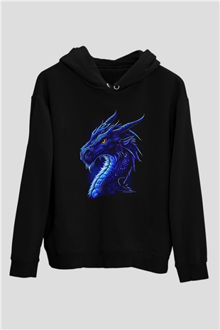 Ejderha Baskılı Unisex Siyah Hoodie