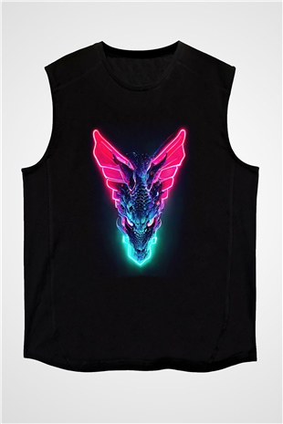 Ejderha Baskılı Unisex Siyah Kolsuz Tişört - Tshirt