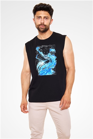 Ejderha Baskılı Unisex Siyah Kolsuz Tişört - Tshirt