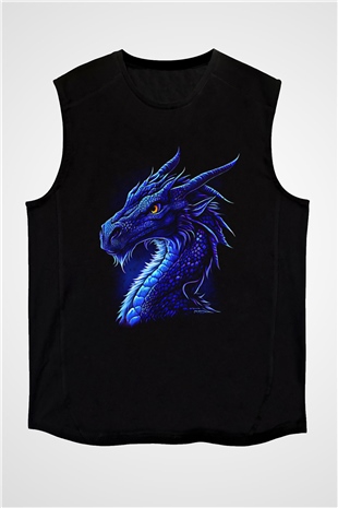 Ejderha Baskılı Unisex Siyah Kolsuz Tişört - Tshirt