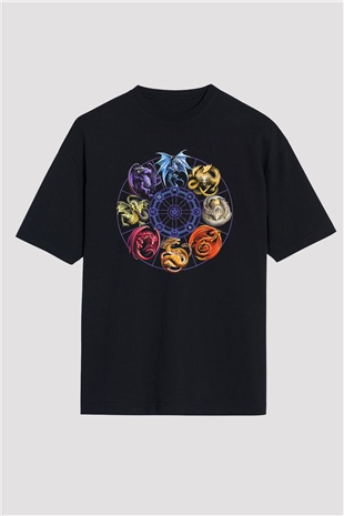Ejderha Baskılı Unisex Siyah Oversize Tişört - Tshirt