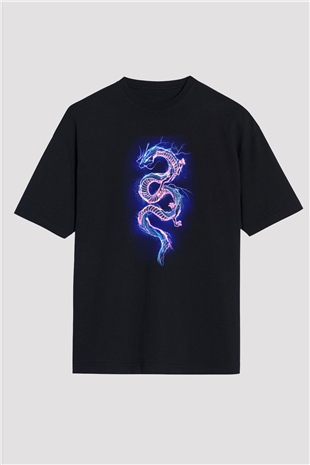 Ejderha Baskılı Unisex Siyah Oversize Tişört - Tshirt