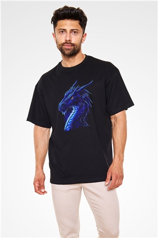 Ejderha Baskılı Unisex Siyah Oversize Tişört - Tshirt